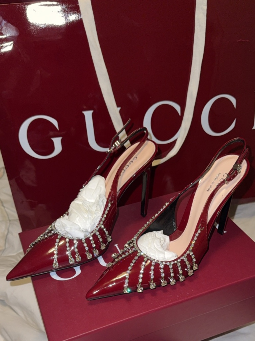 Gucci Elegant Burgundy Slingback Heels with Rhinestone Detailing
